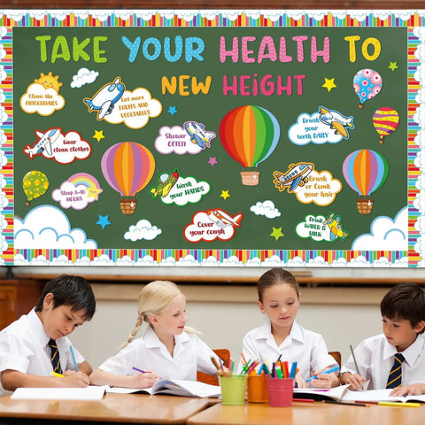Hot Air Balloon Healthy Bulletin Board Set For Classroom Decor with colorful cutouts and borders, featuring health tips.