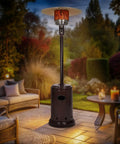 46,000 BTU Portable Outdoor Propane Patio Heater With Wheels, One Touch Ignition, Havana Bronze Finish in backyard setting.