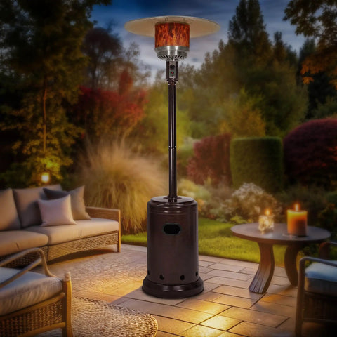 46,000 BTU Portable Outdoor Propane Patio Heater With Wheels, One Touch Ignition, Havana Bronze Finish in backyard setting.