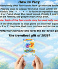 Hands holding Six Seven Equation Card Game against a sky background with game rules text, Fast Paced Equation Card Game Race To Make Six Or Seven Using Addition Subtraction Multiplication Or Division Great For Family Night Classroom STEM Travel 2 To 6 Players Easy To Learn And Offers Endless Replay With Fun No Brainer Play