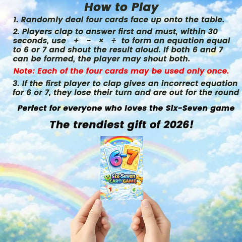 Hands holding Six Seven Equation Card Game against a sky background with game rules text, Fast Paced Equation Card Game Race To Make Six Or Seven Using Addition Subtraction Multiplication Or Division Great For Family Night Classroom STEM Travel 2 To 6 Players Easy To Learn And Offers Endless Replay With Fun No Brainer Play