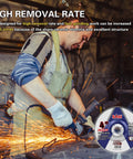 Worker using Heavy Duty 25 Pack 4 Inch Grinding Wheels For Angle Grinder featuring Aluminum Oxide on metal project.