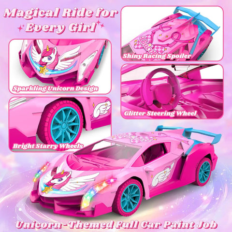 Girls Rainbow Glow Remote Control Car With Drift Wing And Unicorn Style Lights 2.4GHz Easy To Drive 1 To 18 Scale Kid Friendly Toy