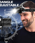 Man wearing Rechargeable LED Headlamp 3000 Lumens With Zoomable Beam, adjustable 90-degree, mountain backdrop