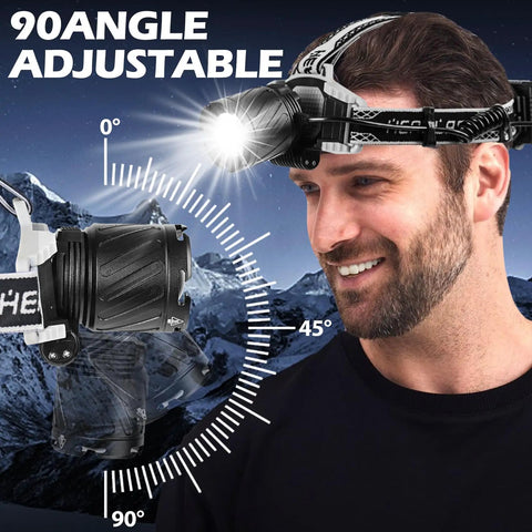 Man wearing Rechargeable LED Headlamp 3000 Lumens With Zoomable Beam, adjustable 90-degree, mountain backdrop