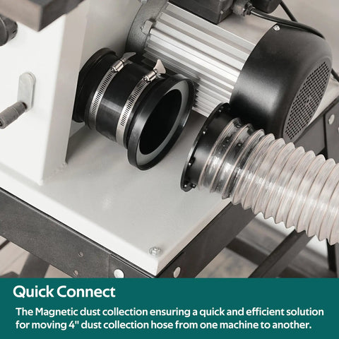 Shop Ready 4 Inch Magnetic Dust Collection Kit Featuring Quick Connect Couplers And Heavy Duty Hose Clamps For Lightning Fast Tool Swaps And Trouble Free Workspaces, showing magnetic couplers on dust collector.