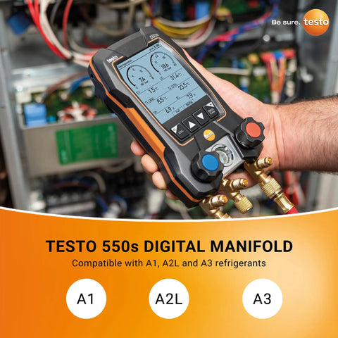 Handheld digital manifold gauge for HVAC testing with Bluetooth display and brass fittings, A1 A2L A3 compatible