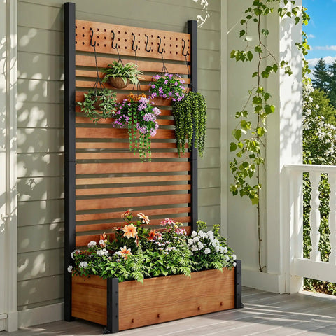 72 Inch Outdoor Privacy Fence Panel With Planter Box And Trellis For Backyard And Patio Privacy Brown Natural Wood With Classic Grain Hides Trash Cans And AC Units One Panel For A Yard Upgrade With A Cool Outdoor Screen.