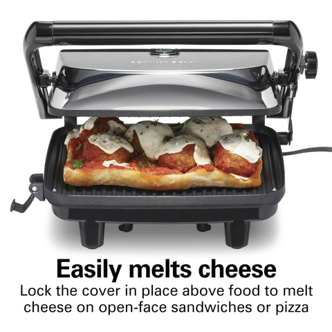 Hamilton Beach Panini Press And Sandwich Maker With Electric Indoor Grill Nonstick Plates For Perfect Grilled Cheese Quesadillas And Gourmet Pizzas Quick Easy Cooking For Busy Weeknights And Party Snacks with melted cheese sandwich inside.