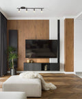 Monroe 4 Light Slim Profile Track Lighting Matte Black Finish With Adjustable Heads For A Slick Minimalist Look In Kitchen And Living Spaces Bulb Not Included mounted on ceiling of modern living room.