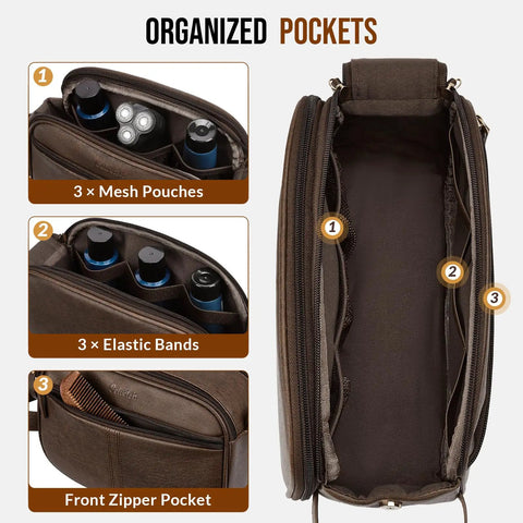 Top Tier PU Leather Toiletry Bag For Men In Dark Brown With Roomy Pockets showcasing organized pockets for grooming items.