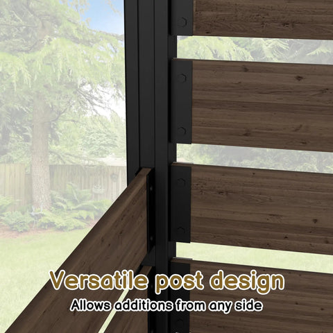 Close-up of 49 Inch High By 78 Inch Wide Outdoor Privacy Screen Fence with aluminum post and real wood panels in brown finish.