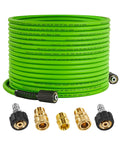 PWACCS pressure washer hose, 50 ft x 1/4 in, green, 3600 PSI, coiled with 5 brass fittings