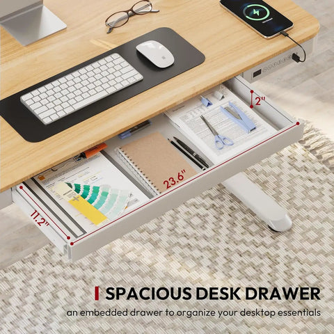 Electric Height Adjustable Standing Desk With Built In Drawer Smooth Motor Lift And Generous Workstation Surface For Home Office showing a spacious drawer with supplies.