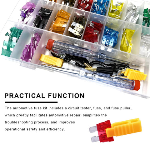Comprehensive Auto Electric Fuse Assortment Kit With Standard Mini And Low Profile Blades Including Circuit Tester and Fast Puller.