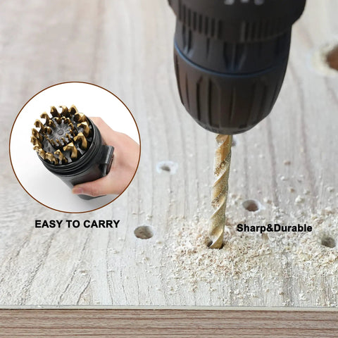 29 Piece Drill Bit Set Pro Grade M2 HSS 135 Degree Split Point Twist Jobber Length Kit drilling into wood surface