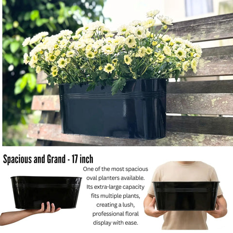 17 Inch Black Metal Deck Railing Planter Box 2 Pack Wall Hanging Flower Boxes For Outdoor Garden Window Box with Drainage Holes