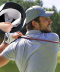 Golfer wearing cap with 100 Pack Disposable Hat Sweat Liners For Baseball Caps, Sweat Absorption Shield detail inside hat.