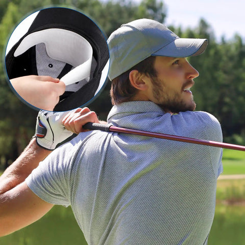 Golfer wearing cap with 100 Pack Disposable Hat Sweat Liners For Baseball Caps, Sweat Absorption Shield detail inside hat.
