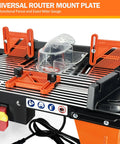 Total Game Changer Universal Benchtop Router Table With Premium Die Cast Aluminum Table Top showing router mount plate with safety features.