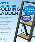 Two Step Folding Ladder With Bamboo And Black Aluminum, Ultra Slim Profile, Anti Slip Steps, portable design.