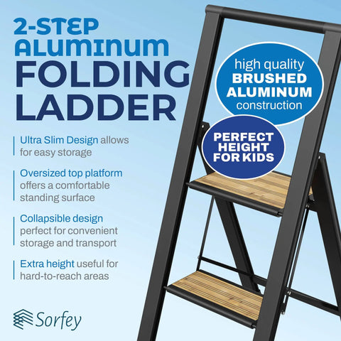 Two Step Folding Ladder With Bamboo And Black Aluminum, Ultra Slim Profile, Anti Slip Steps, portable design.