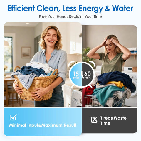 Game Changer Compact Twin Tub Portable Washing Machine With Fast Spin Dryer And Simple Dial Controls Lightweight semi automatic laundry combo shown with a woman holding clean laundry.