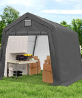 10x10 Outdoor Storage Shed Heavy Duty Portable Shelter Carport With Ventilation Windows And Roll Up Doors Backyard Must Have For Motorcycle Bike Lawn Mower And Garden Tools Gray containing tools and boxes