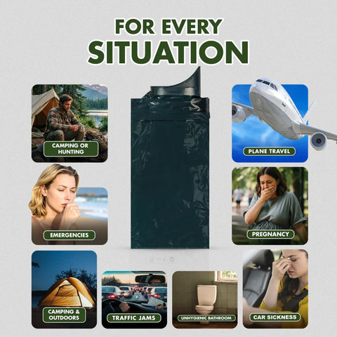 Adventurer Resealable Disposable Urinal Bags For Travel Emergency Camping And Car Trips Leak Proof Hygienic Odorless All Genders And Ages 18 Pack shown for versatile use situations like camping and travel.