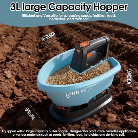 Handheld Electric Seed Spreader For Lawns Cordless 3L Capacity With 7.2V Battery 135 Degree Spread Angle 7 Settings on soil