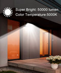 Beast Mode 500W LED Outdoor Flood Light illuminating a house entrance, showcasing 50,000 lumens brightness and 5000K color temperature.