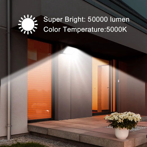 Beast Mode 500W LED Outdoor Flood Light illuminating a house entrance, showcasing 50,000 lumens brightness and 5000K color temperature.