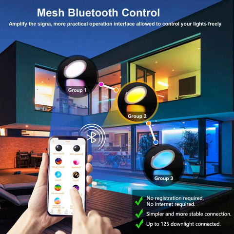 Smartphone controlling 6 Inch Canless LED Recessed Lights 4 Pack with Junction Box RGBCW 16W via Bluetooth outside modern home