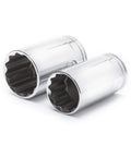 Close-up of smooth chrome 12 point standard and deep SAE sockets from 176 Piece Socket Set With 1/4 3/8 And 1/2 Inch Drives.