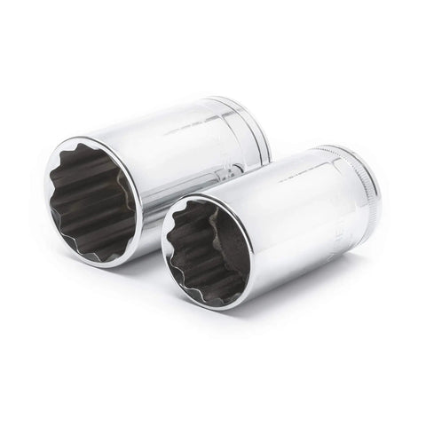 Close-up of smooth chrome 12 point standard and deep SAE sockets from 176 Piece Socket Set With 1/4 3/8 And 1/2 Inch Drives.