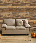 Living room with 17.71 In By 118 In Distressed Wood Plank Peel And Stick Wallpaper With Rustic Wood Grain Pattern, couch, and pumpkins.