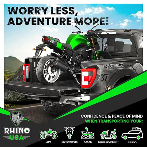 Heavy-Duty Retractable Ratchet Straps Two-Pack, 1-Inch X 10-Feet Long, 1209-Lb Capacity, Gray Cargo Tie-Downs secure motorcycle in truck bed.