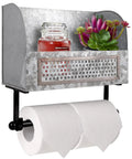 Galvanized Toilet Paper Holder With Shelf For Farmhouse Bathroom Decor Durable Wall Mount Double Roll Tissue Holder With Rustic Vintage Country Style Featuring decor items on top shelf and two rolls.