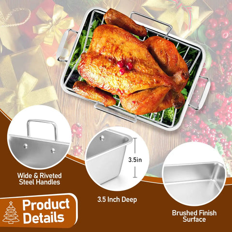 Heavy Duty Stainless Steel Roasting Pan With V Rack For Turkey And Chicken in use, showing a cooked turkey on V rack in pan.