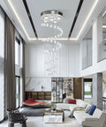 Crystal Spiral Raindrop Chandelier With K9 Crystal, Flush Mount LED Ceiling Light Fixture in modern living room interior