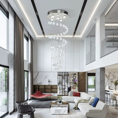 Crystal Spiral Raindrop Chandelier With K9 Crystal, Flush Mount LED Ceiling Light Fixture in modern living room interior