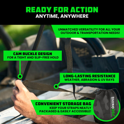 Person using Beefy Heavy Duty Lashing Straps 1 Inch By 12 Foot Cam Buckle Tie Downs, 1320Lb Break Strength on roof rack.