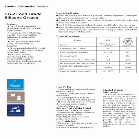 Product information bulletin for SG-2 Food Grade Silicone Grease, featuring usage, technical parameters, and warranty details.