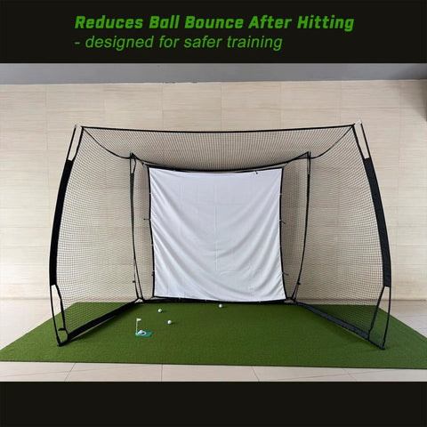 Indoor Golf Simulator Turf Mat For Home Setup 10 By 6 Foot With Reduced Rebound, under hitting net for safer practice