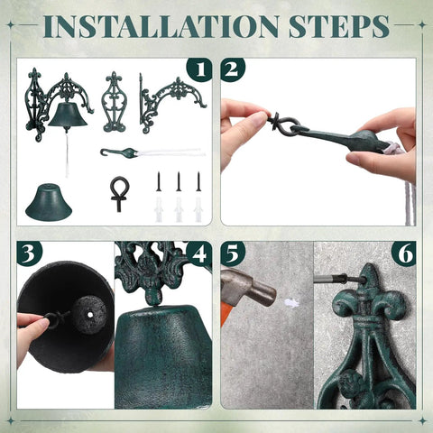 Installation steps for Badass Heavy Duty Cast Iron Outdoor Wall Bell With Slick Vintage Rustic Patina including mounting hardware.