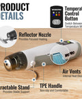Cordless Mini Hot Air Gun For DIY Crafts USB C Rechargeable 4000mAh Battery with reflector nozzle, TPE handle, air vents, retractable stand.
