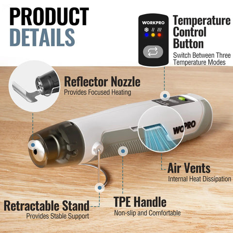 Cordless Mini Hot Air Gun For DIY Crafts USB C Rechargeable 4000mAh Battery with reflector nozzle, TPE handle, air vents, retractable stand.
