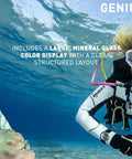 Diver underwater wearing Genius Scuba Dive Computer with ergonomic wrist mount, featuring large mineral glass color display
