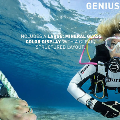 Diver underwater wearing Genius Scuba Dive Computer with ergonomic wrist mount, featuring large mineral glass color display
