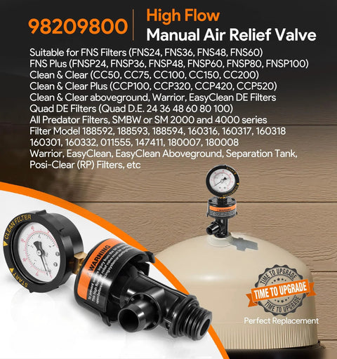 High-flow manual air relief valve with top-mount pressure gauge for pool filter.